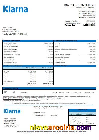 Finland Klarna Bank bank mortgage statement